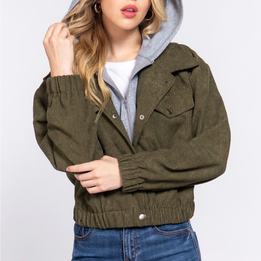 HOODIE CORDUROY BOMBER JACKET - ARMY OLIVE - Picture 2 of 5